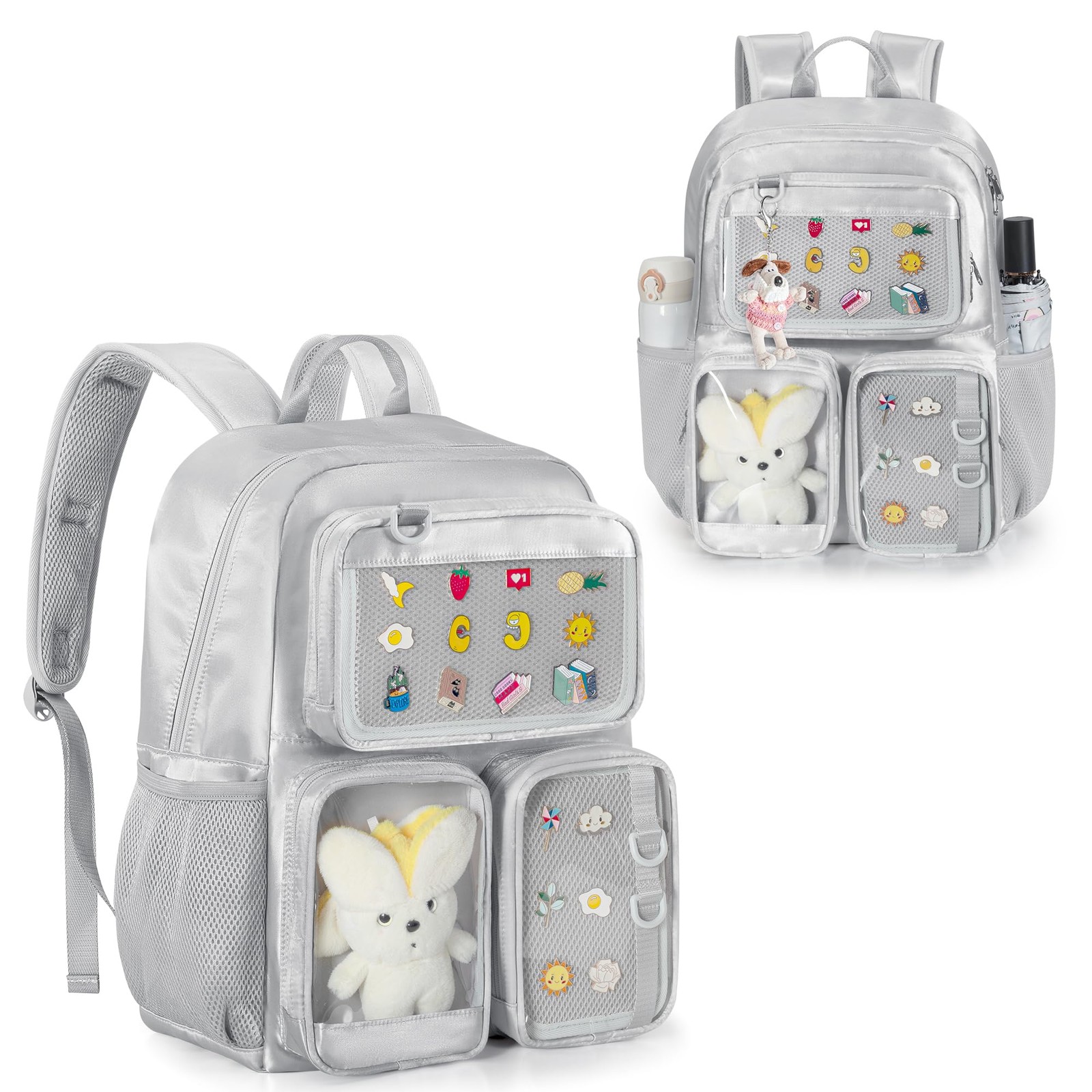 Prokva Ita Bag Pin Display Backpack with Insert, Kawaii Aesthetic Silver