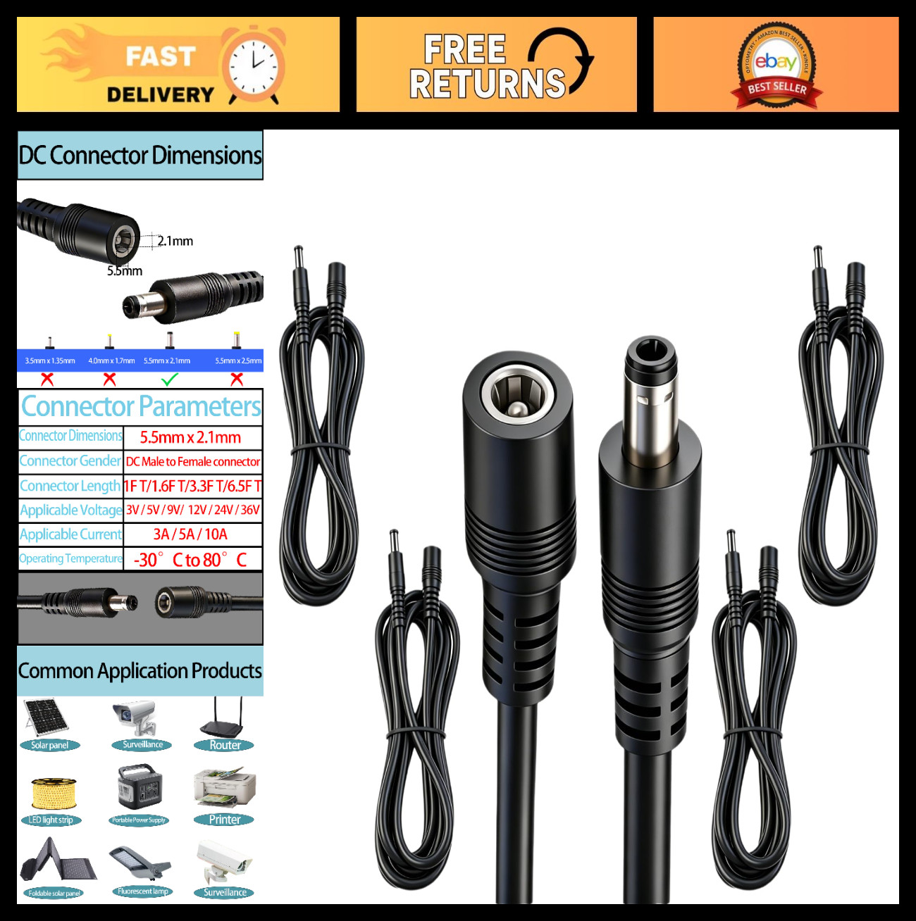 5pcs 5.5mm x 2.1mm DC Power Extension Cable, 6.5FT Male to Female 12V/24V for LE