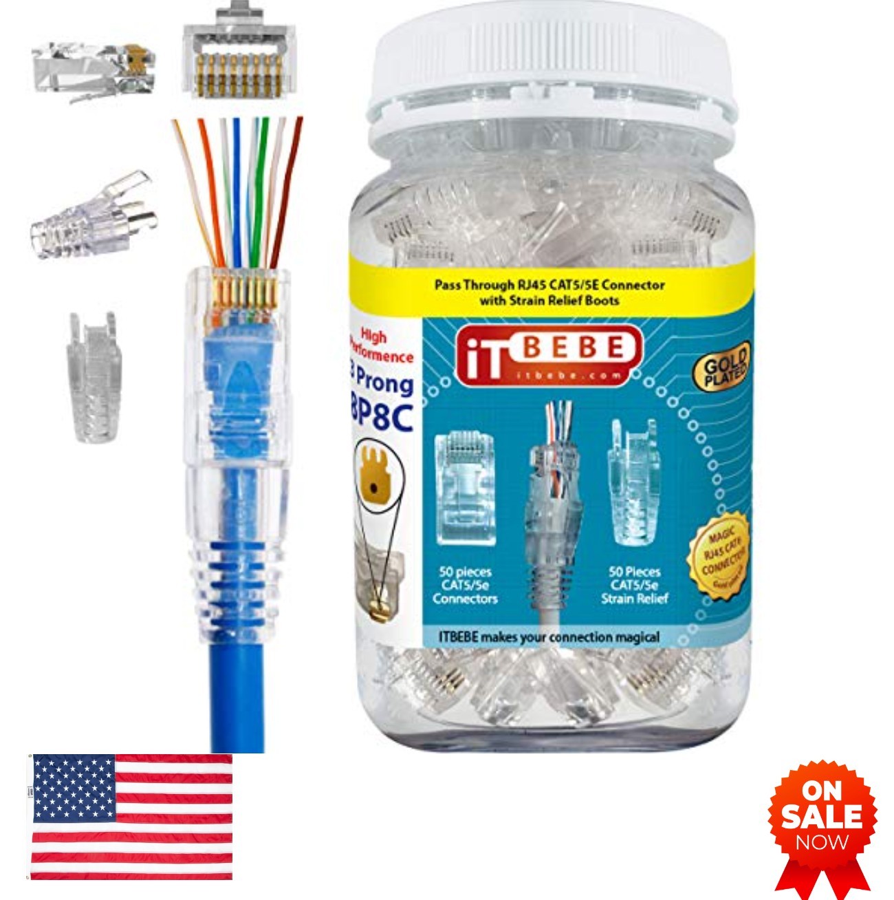 RJ45 Pass Through Connectors 100 Piece Gold Plated Cat5e Strain Relief Jar