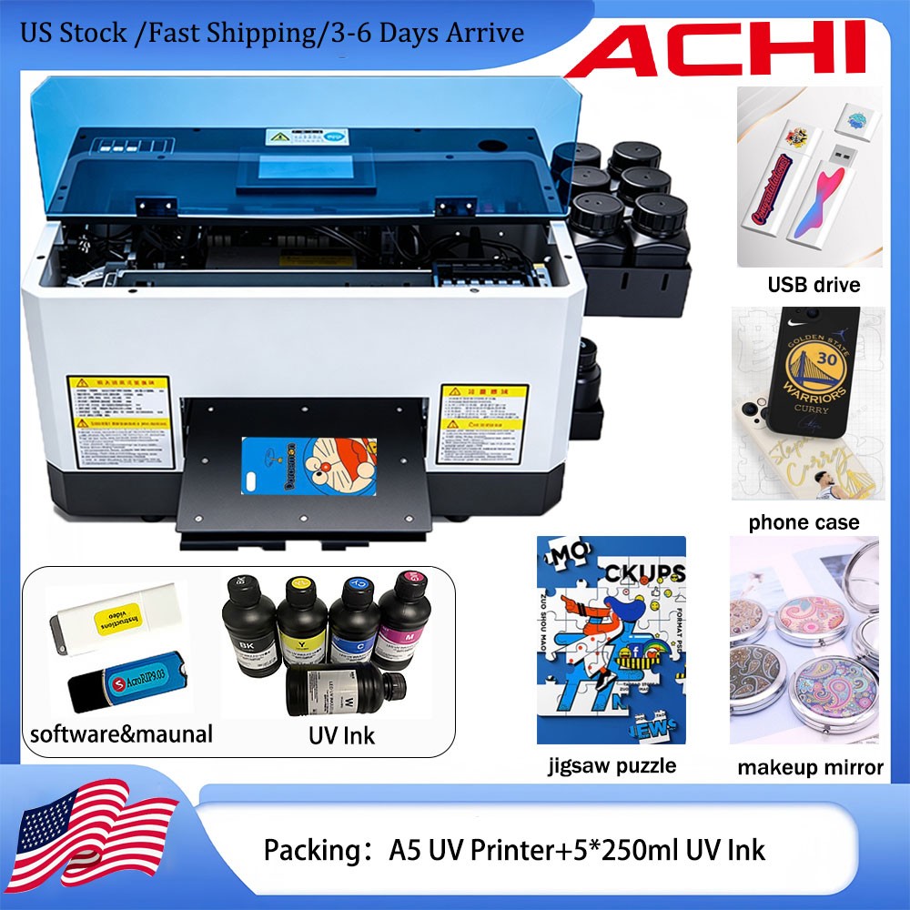 ACHI A5 UV Printer Epson L800 Printhead UV Flatbed Printer Including 5*250ml Ink