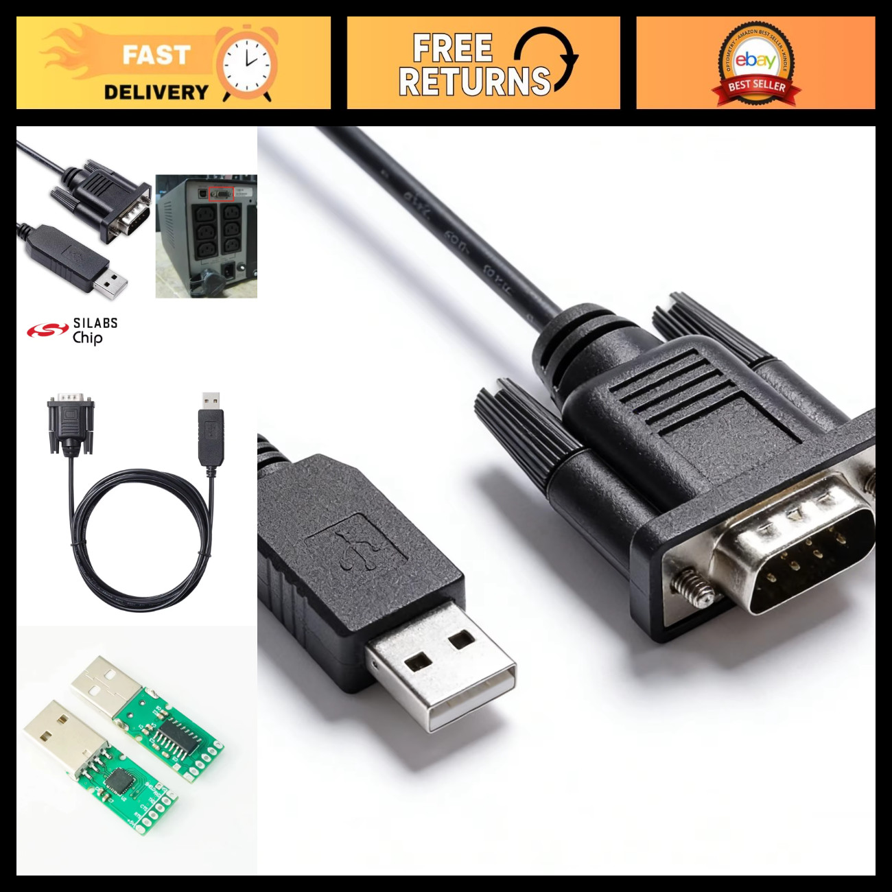 USB RS232 Serial to DB9 Male Cable for APC Smart UPS - CP2102 Chip, Win/Mac/Linu