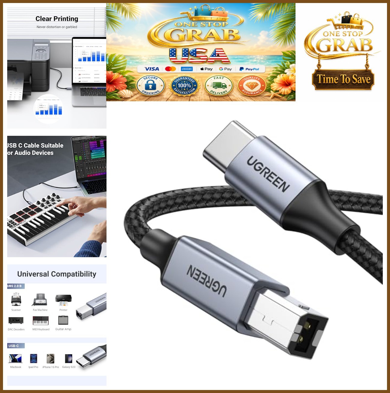 USB B to USB C Cable 3FT Nylon Braided 480 Mbps for Printer MIDI Keyboard Amp DJ