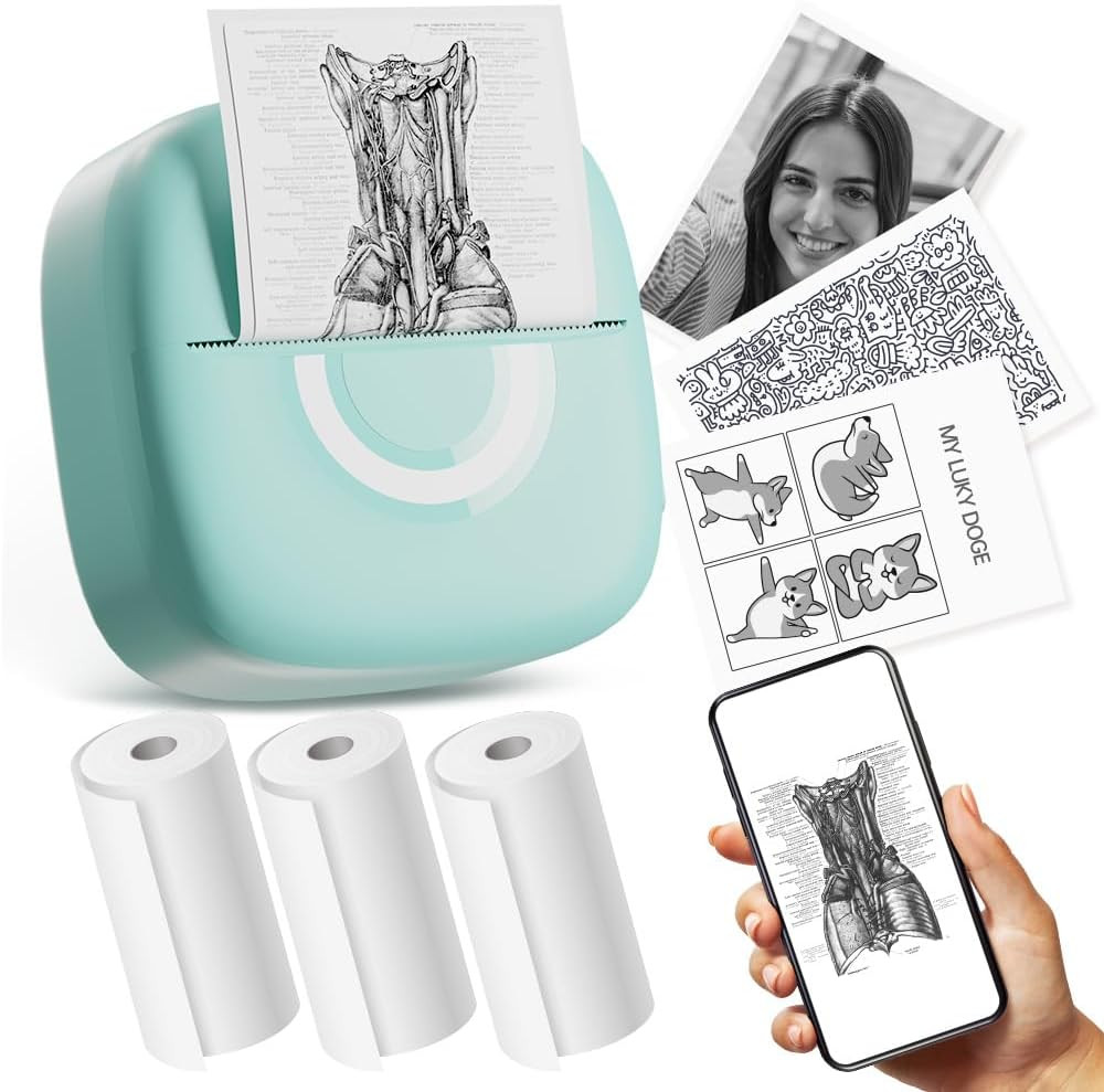 Mini Impresora Térmica Bluetooth con 3 Rollos para Notas Fotos DIY Móvil