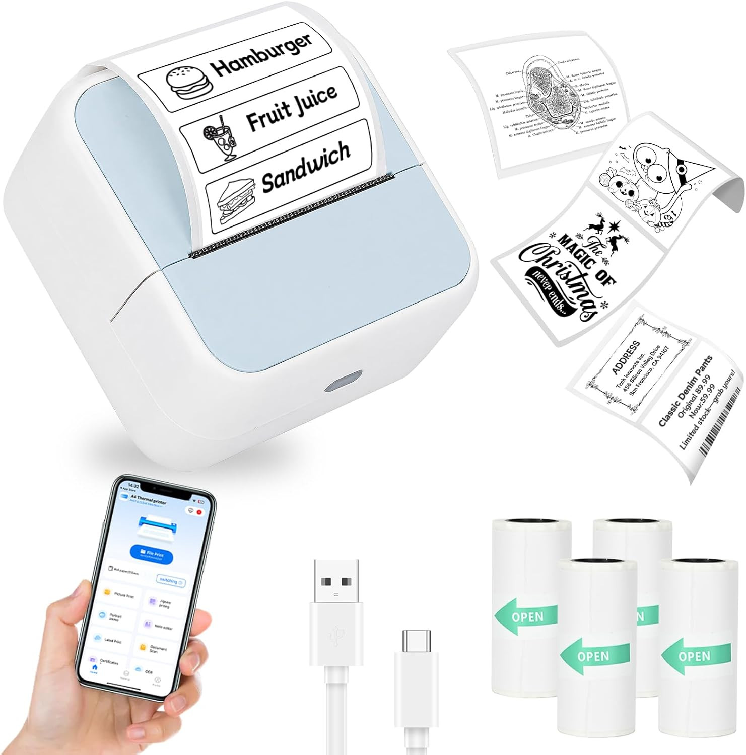 Sticker Printer with 4 Roll Paper Portable Thermal Inkless Printer | Label