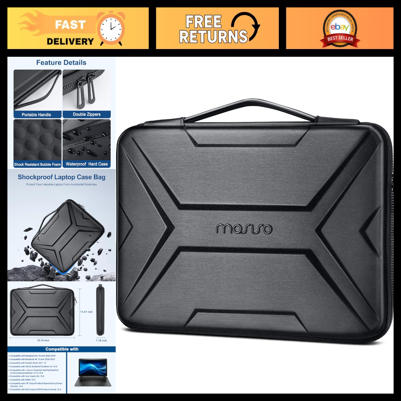 15.6" Laptop Sleeve Case, Fits 15-16" Laptops, Durable & Stylish Black Design