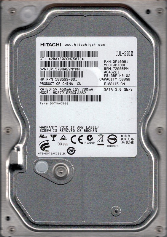 HDS721050CLA362 P/N: 0F10981 MLC: JPT3BF Hitachi 500GB