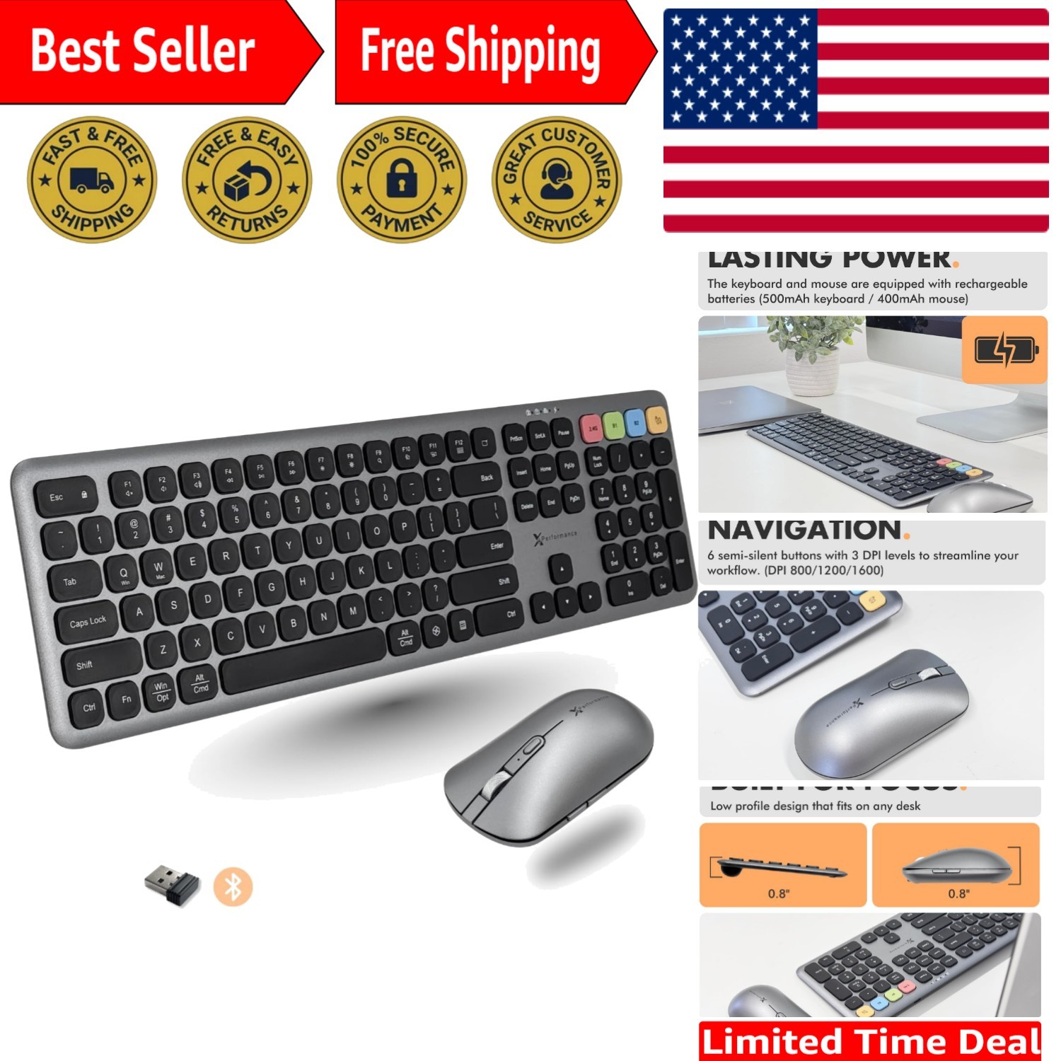 X9 Bluetooth Keyboard and Mouse Combo Bluetooth, 2.4Ghz, USB C Wired - Slim W...