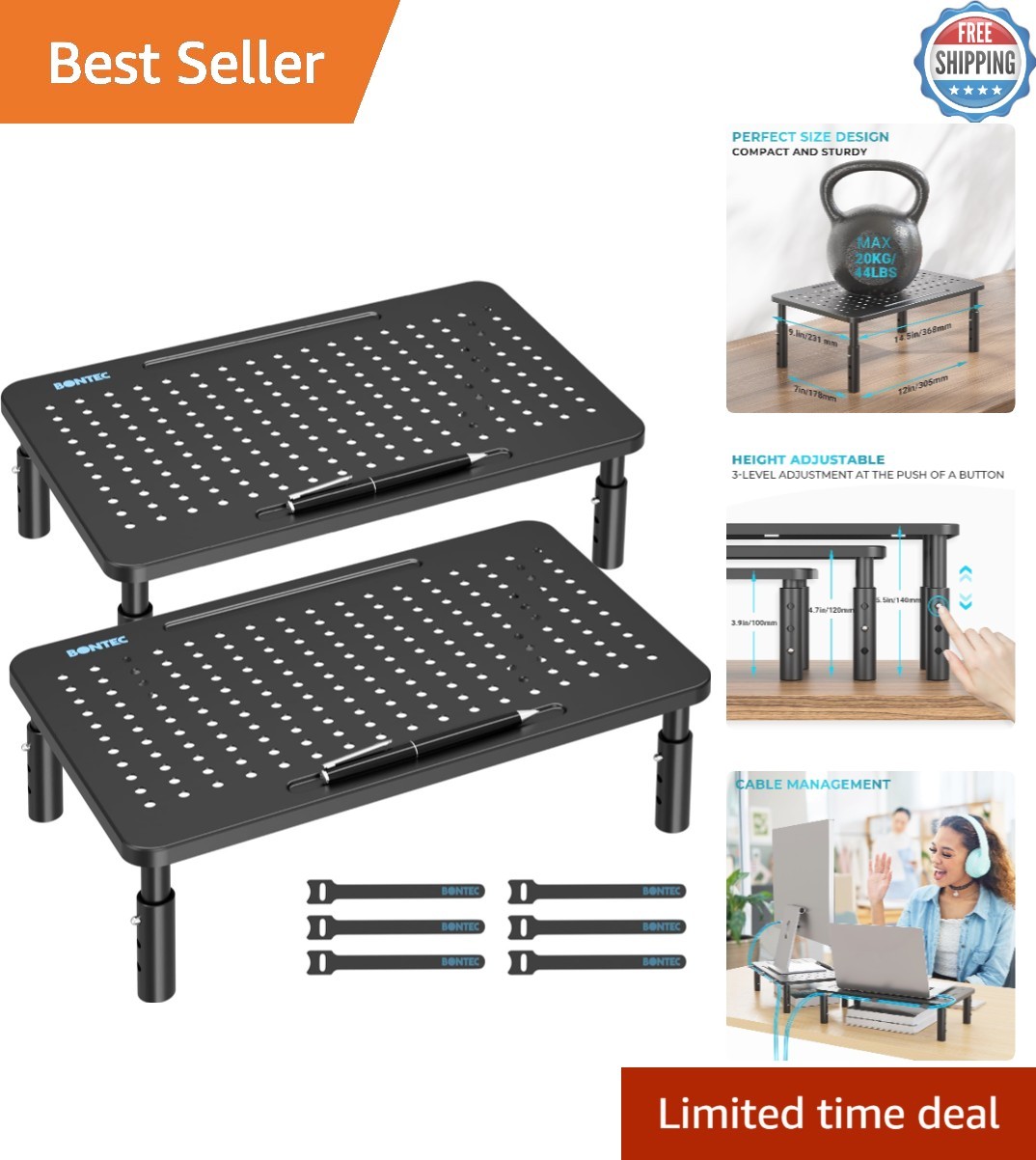 Ergonomic Adjustable Monitor Stand 2-Pack with Cable Management & Pen Holder