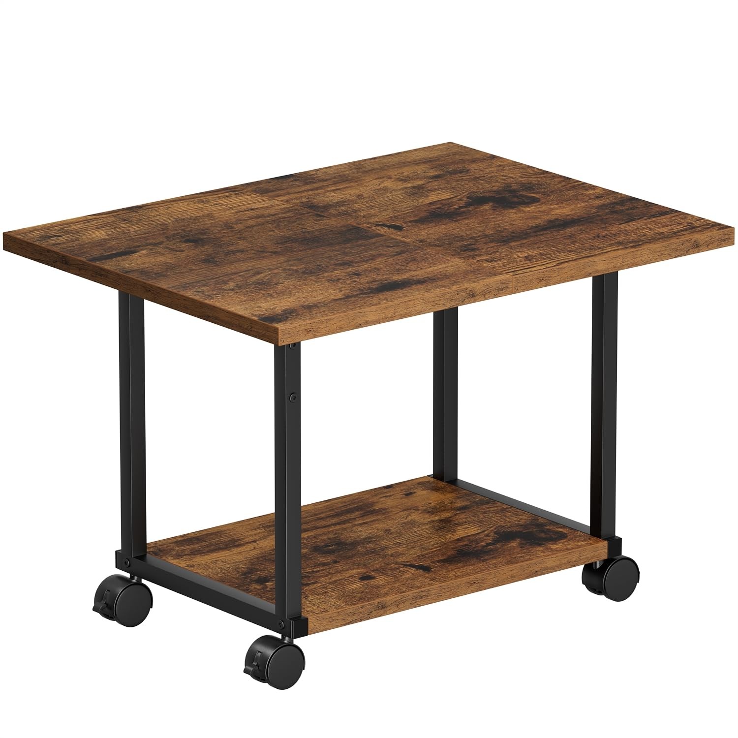 Rustic Brown 2 Tier Under Desk Printer Stand Table Wheels Storage Cart Shelf