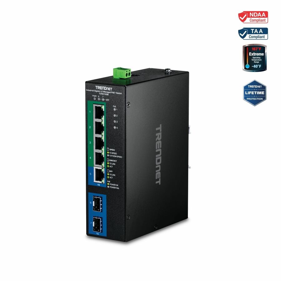 TRENDnet TI-PG743Bi, 7-Port Industrial Gigabit L2 Managed PoE+ DINRail Switch