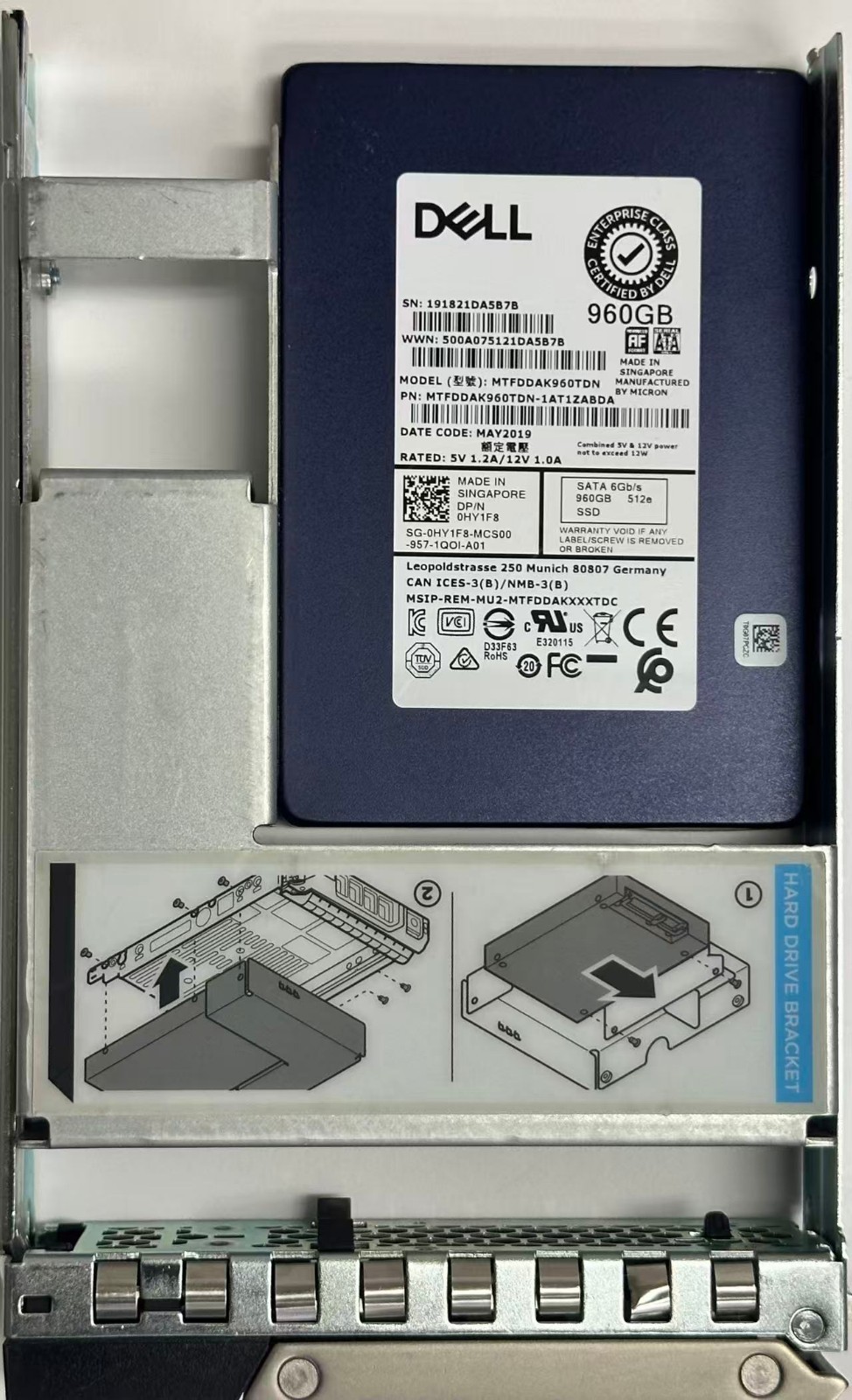 Dell Enterprise 960gb Server SSD HY1F8 MTFDDAK96OTDN 6gb/s w/ Caddy 100%