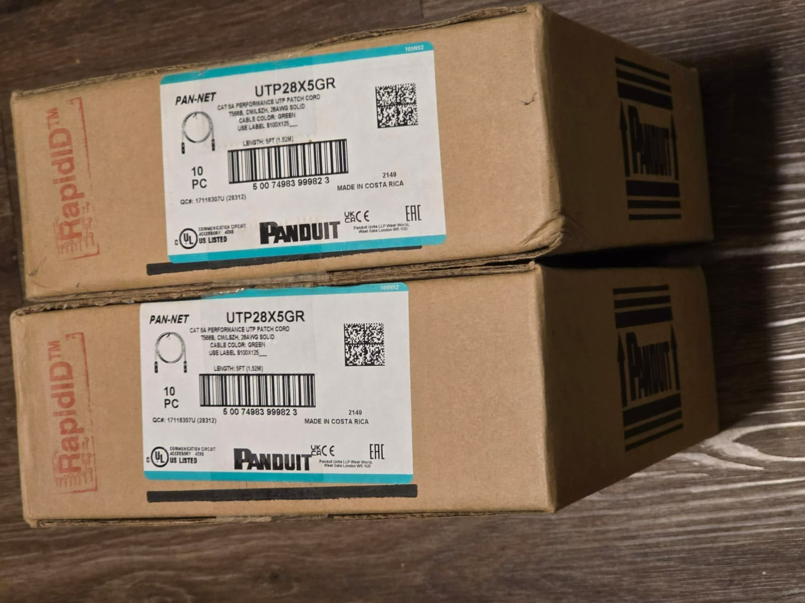 Panduit UTP28X5GR Cat6A 28AWG 5ft Patch Cable 10-Pack New Sealed
