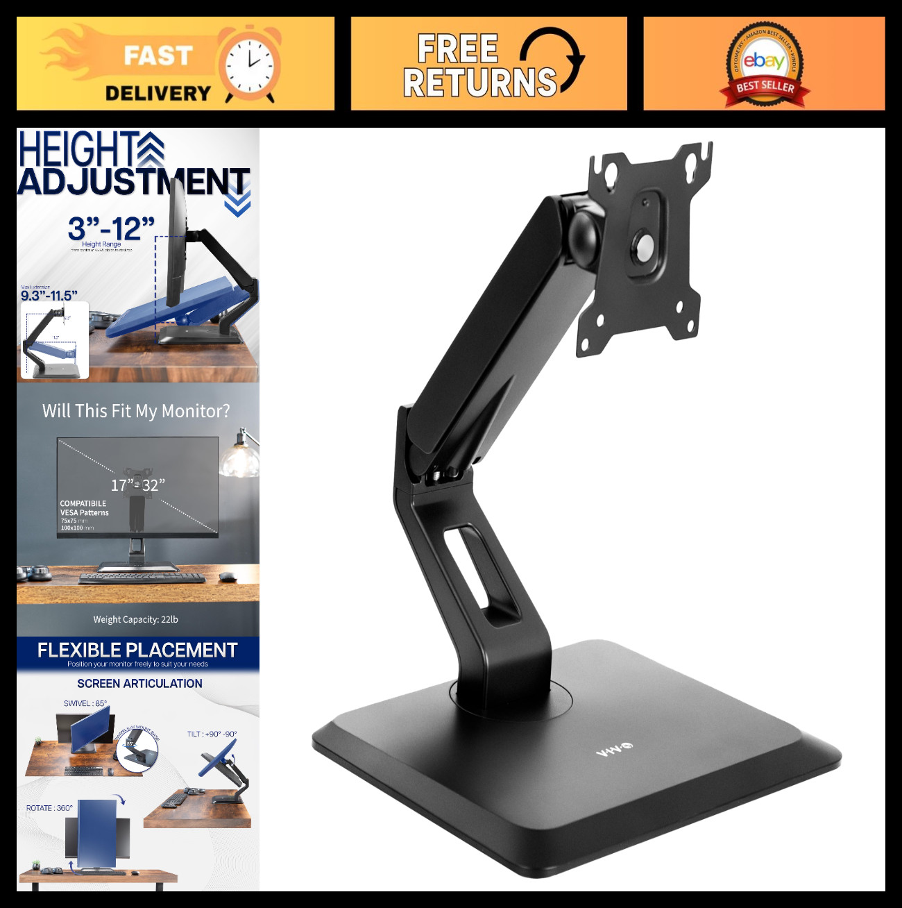 Premium Adjustable Monitor Stand for 17-32" VESA Screens, Rotating Base, Pneumat