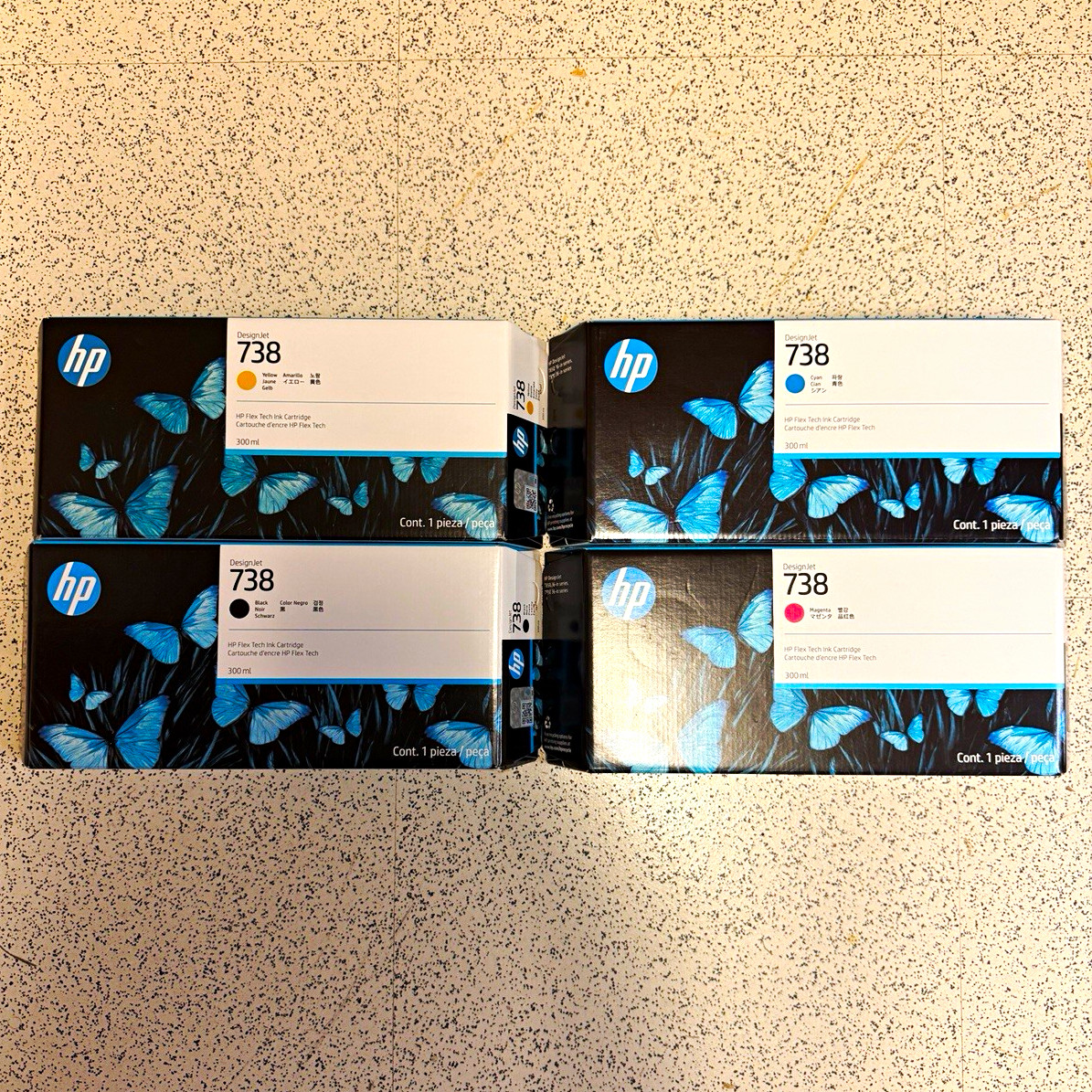 4 HP 738 300-ml DesignJet Ink Cartridges Set BK/C/M/Y Genuine/Original