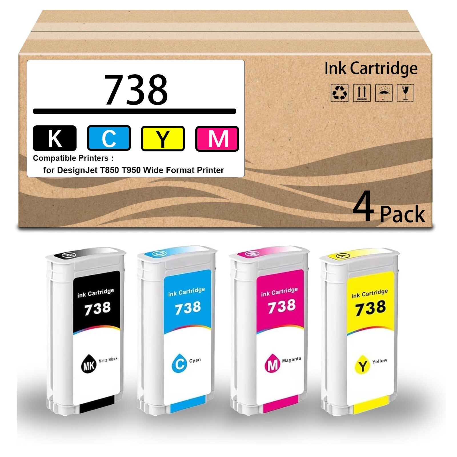 4 Pack  738 Ink Cartridge 130ml 498N8A 676M6A 676M7A 676M8A Replacement for 738