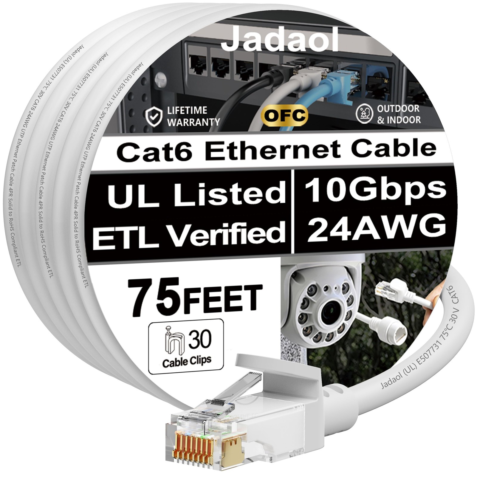 [UL Listed] Cat6 Ethernet Cable 75 ft with Clips 10Gbps PoE++, White