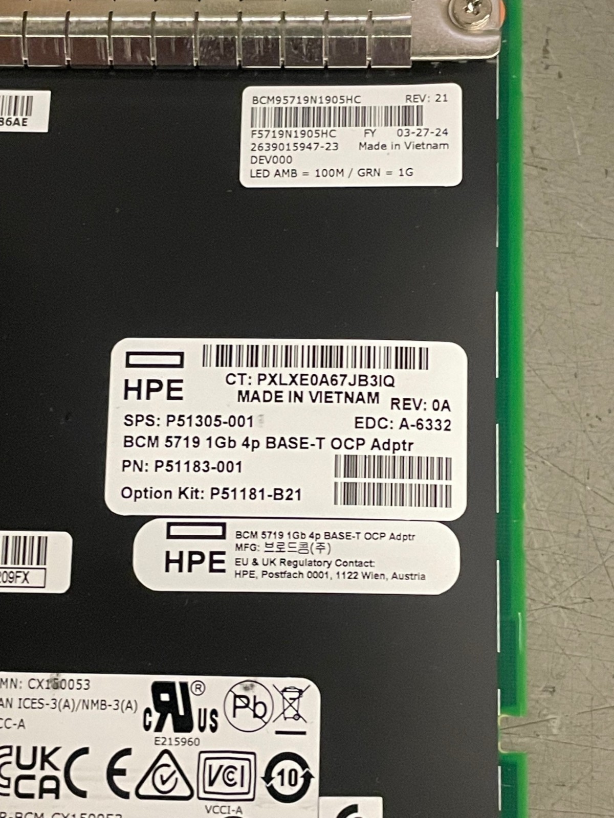 HPE P51183-001 BCM5719 OCP 3.0 1Gb 4-Port RJ-45 1G Base-T NIC Network Adapter