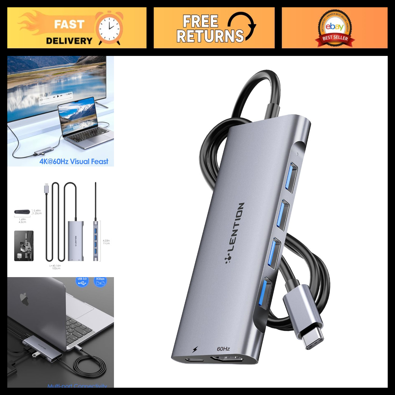 3.3FT USB C Hub with 4K HDMI, 100W Power Delivery & 4 USB 3.0 Ports