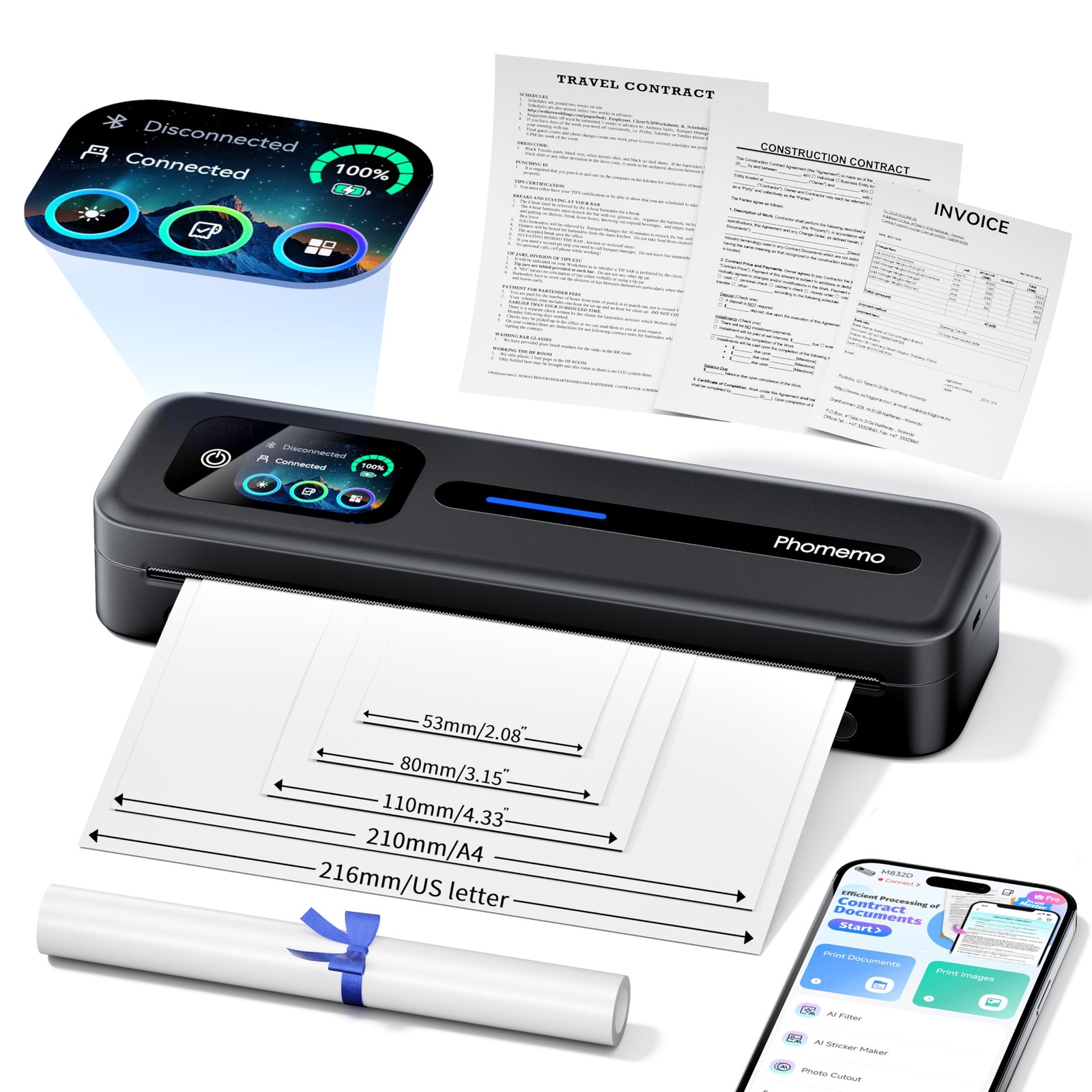 Upgraded Portable Printer with Touchscreen, M832D Bluetooth Wireless Thermal ...