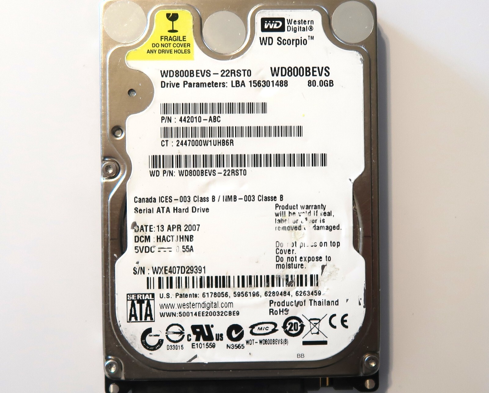 WD WD800BEVS-22RST0 DCM:HACTJHNB (WXE) Thailand 80gb 2.5" Sata HDD 13APR2007