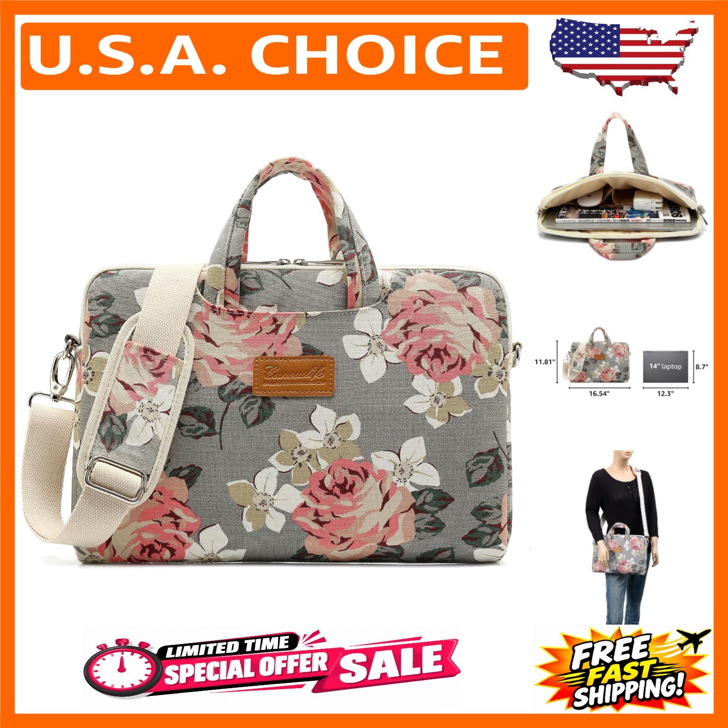 canvaslife Grey Rose Pattern Laptop Shoulder Messenger Bag, 15 inch