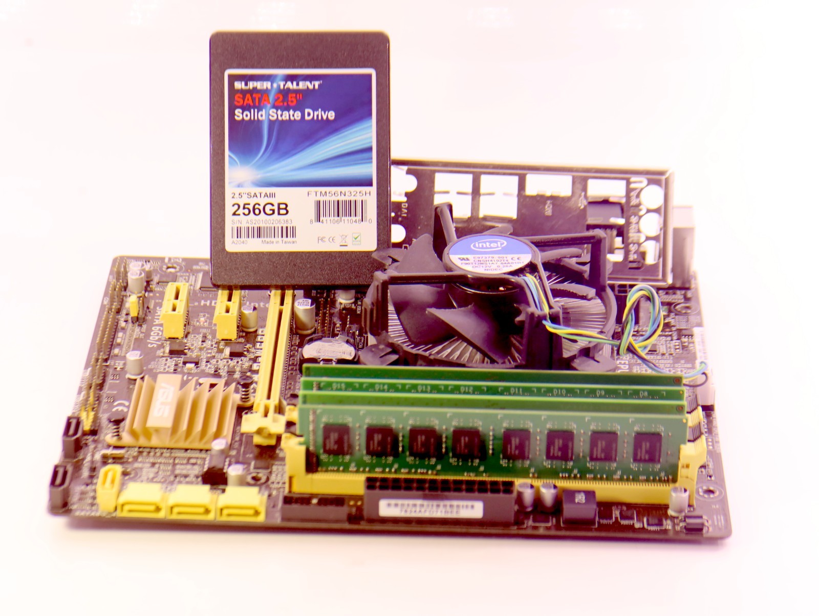 ASUS B85M-G Motherboard with CPU, RAM, SSD and IO shield