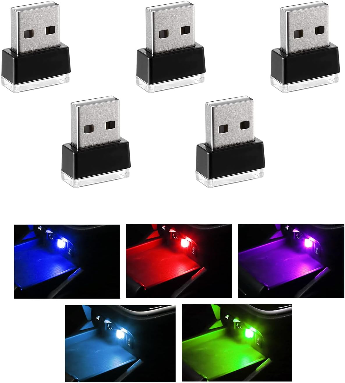 5 PCS USB LED Car Interior Atmosphere Lamp, Portable Mini LED Night Light, Plug-