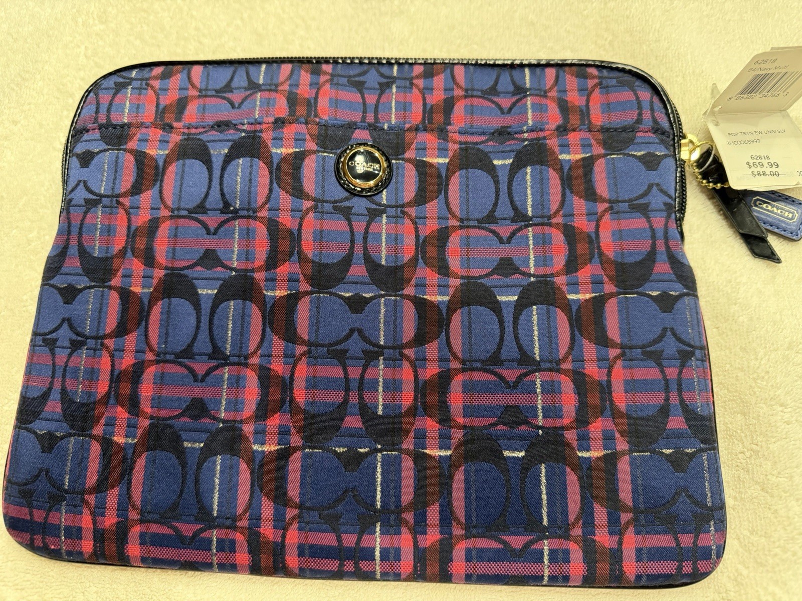 Coach NWT 62818 Poppy Tartan East West Universal Sleeve Navy Multi