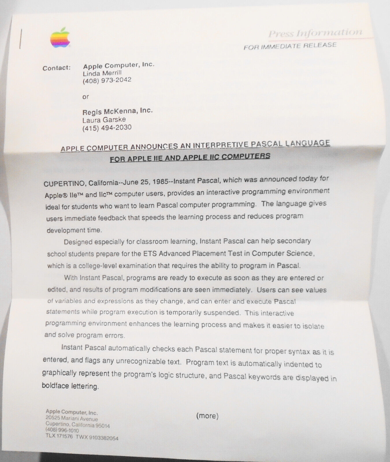 Apple announces Instant Pascal - original corporate press release, June 25, 1985