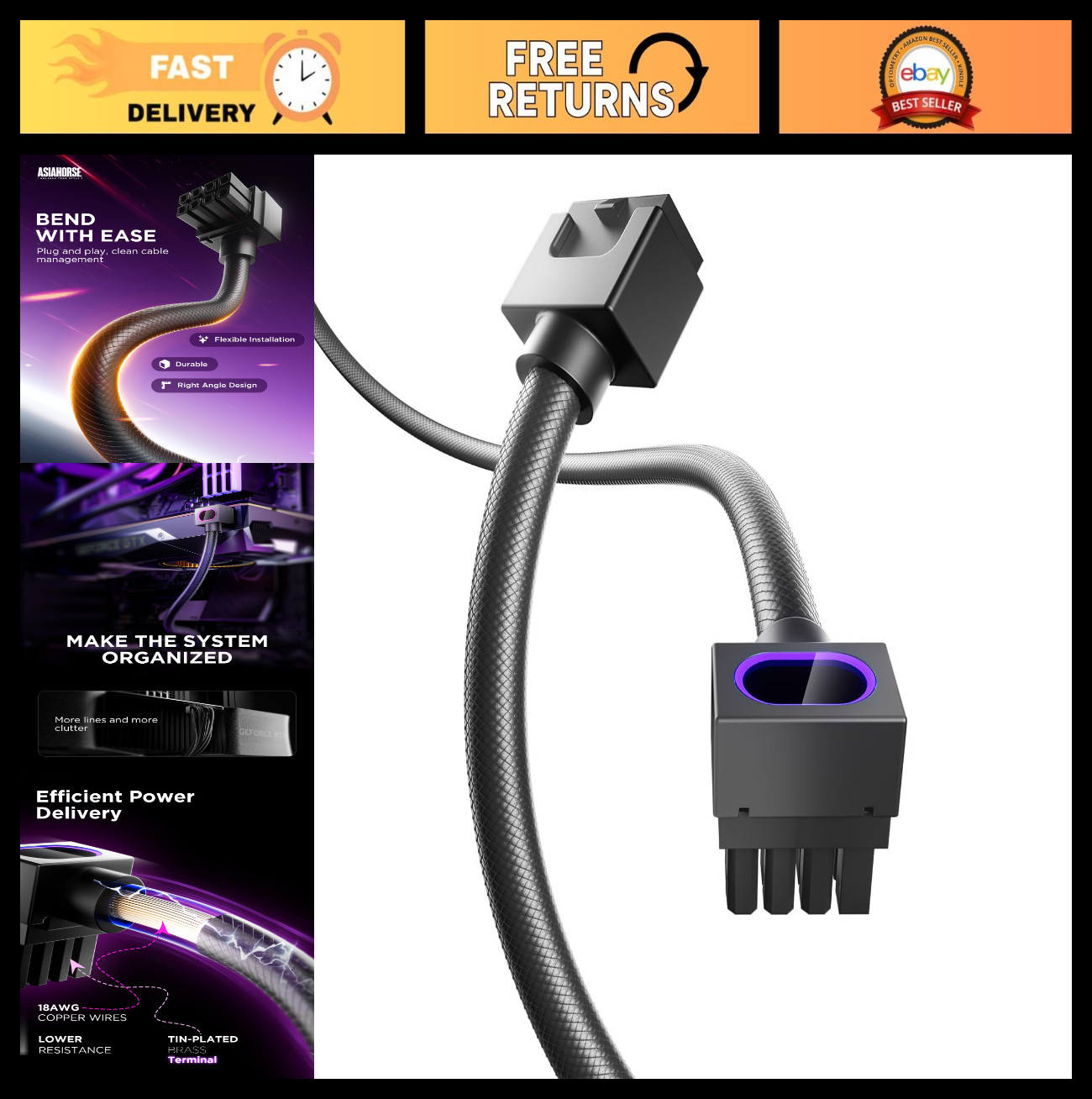 ARGB GPU PSU Extension Cable 8PIN - 2000W Copper Power Cord for PC DIY & Cable M
