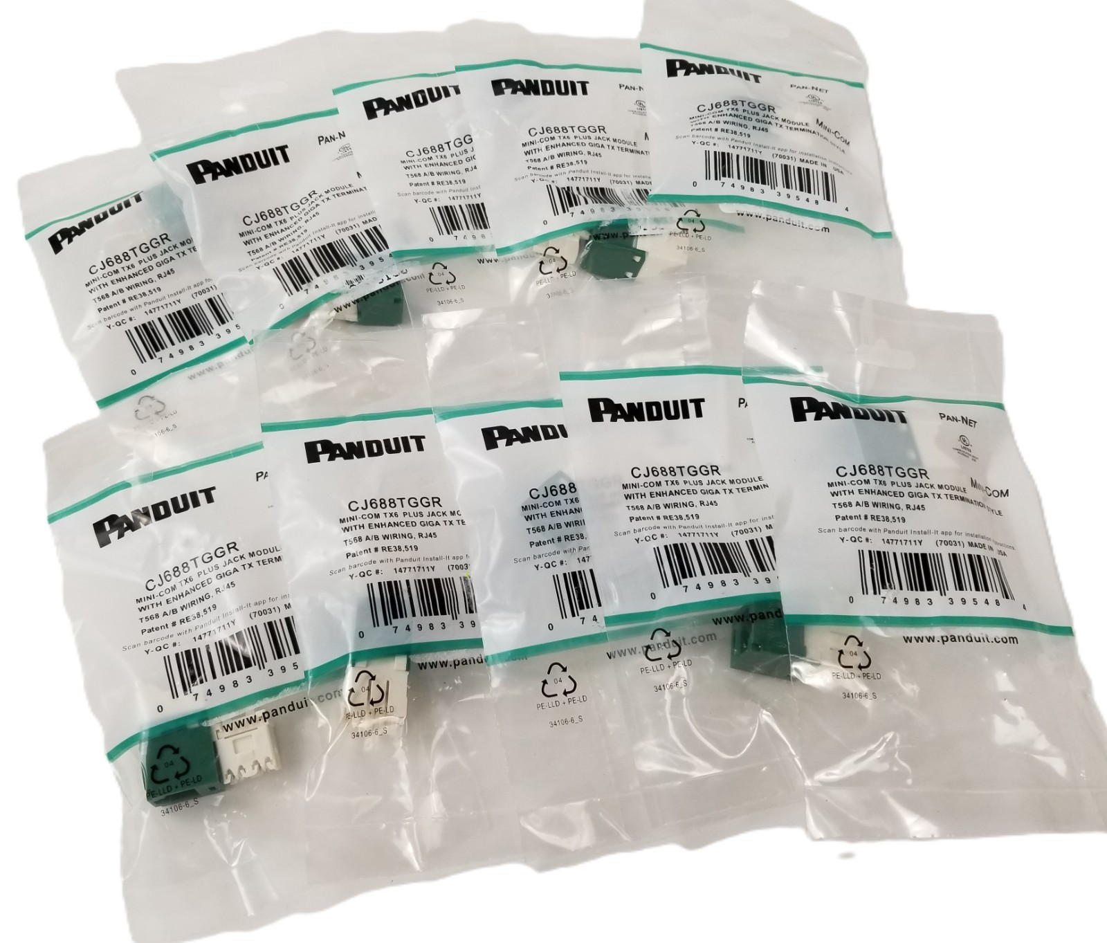 10 Panduit CJ688TGGR Modular Ethernet Conn. Jack 8p8c RJ45 Unshielded CAT6 NEW