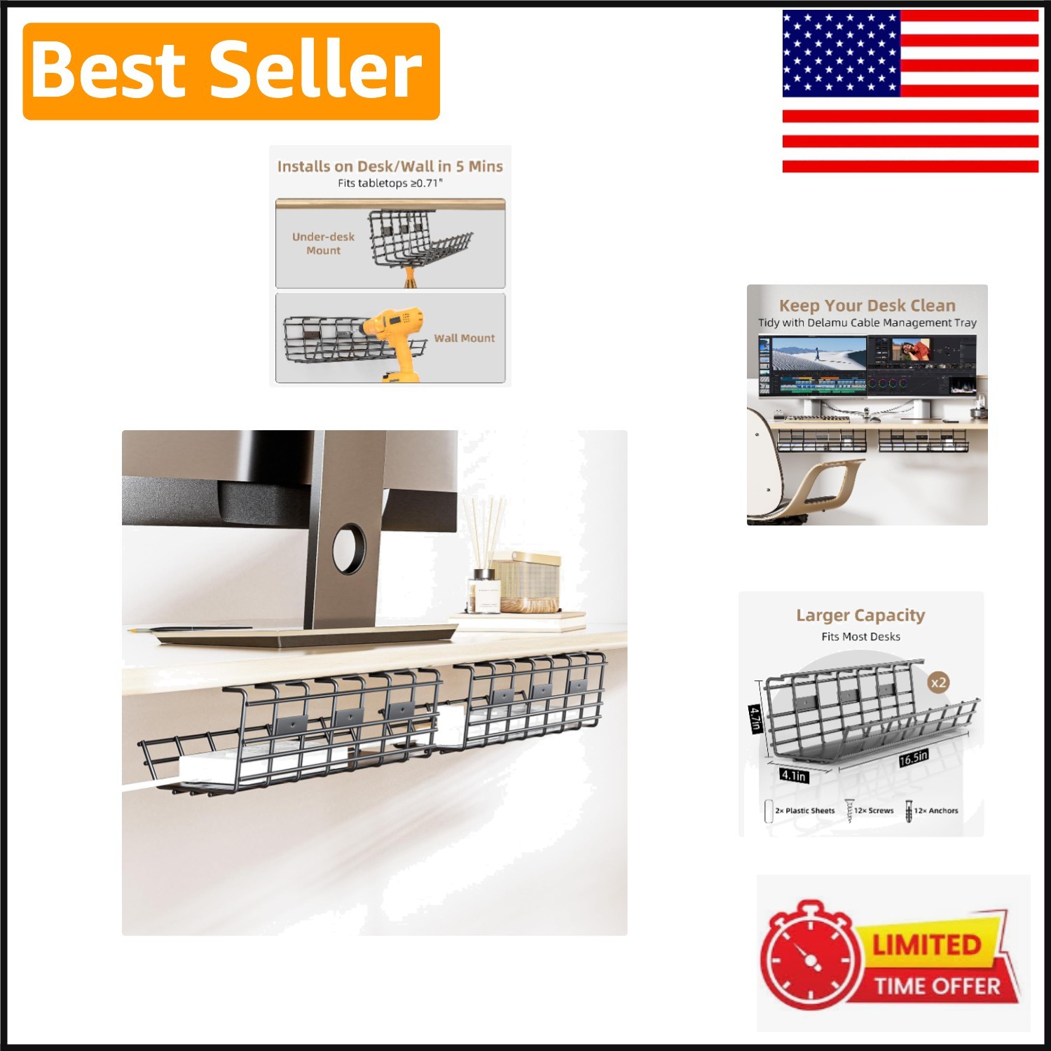 Modern Under Desk Cable Management – 2 Pack Metal Trays, Ideal for Any Workspace