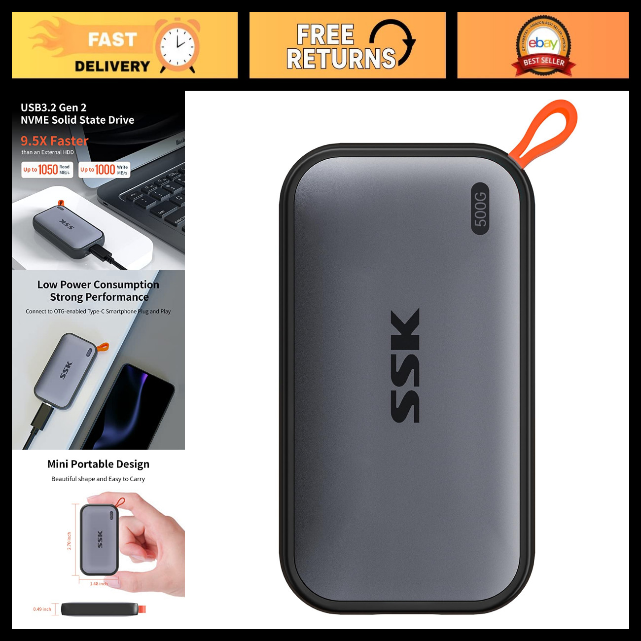 500GB Portable SSD External Hard Drive - USB C, 1050MB/s Speed, Fast Storage