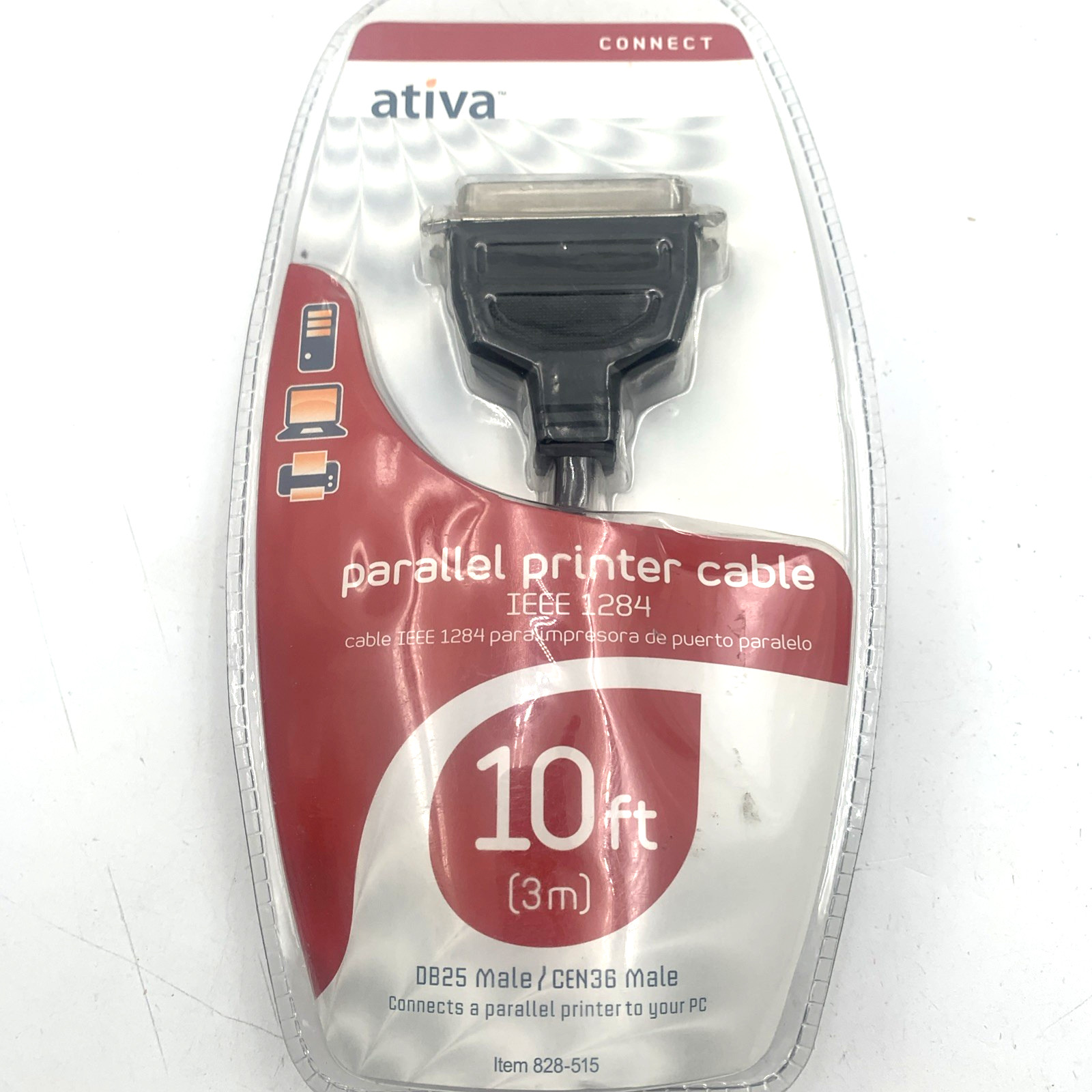 Ativa Parallel Printer Cable 828-515 IEEE-1284 DB25 Male To CEN36 Male 10 Ft