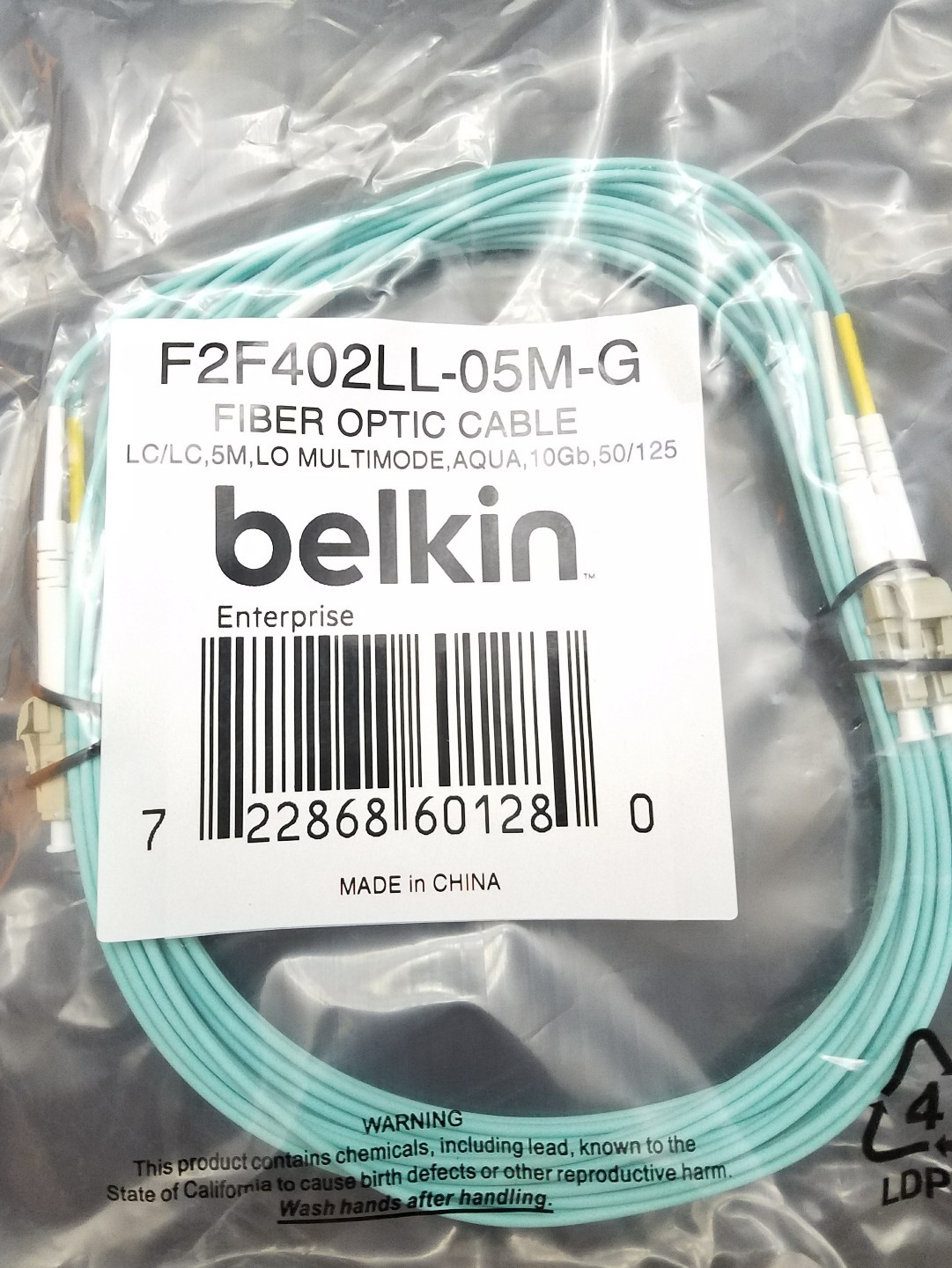 NEW Belkin F2F402LL-05M-G Fiber Patch cable 5m 10GB Aqua LC