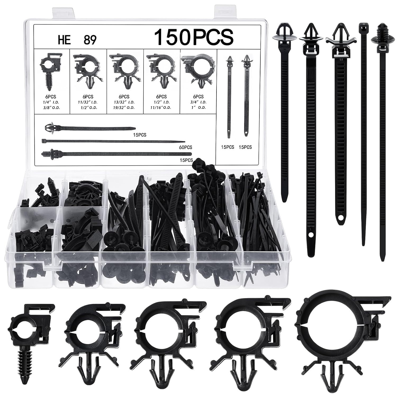 150 Pcs Wire Loom Clips - 15 Sizes Push Mount Cable Management for Cars