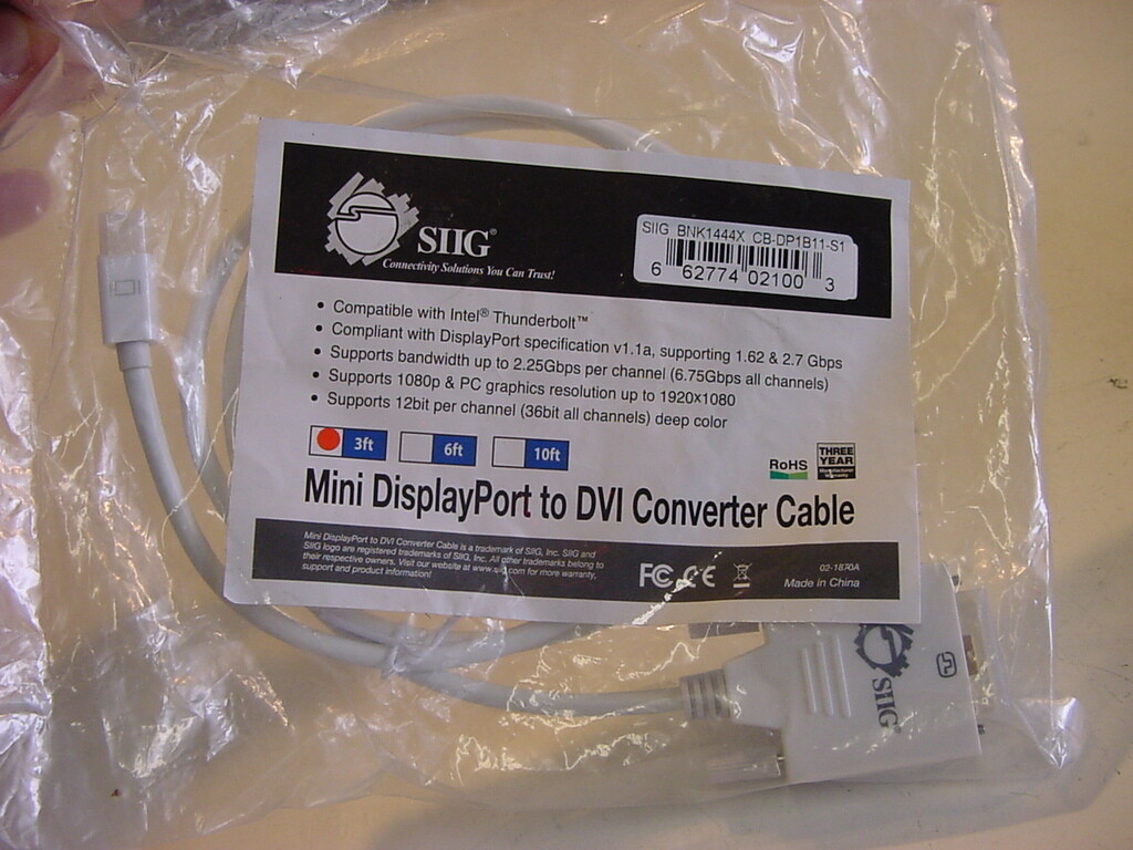 NEW - SIIG MINI DISPLAYPORT TO DVI CONVERTER CABLE 3FT