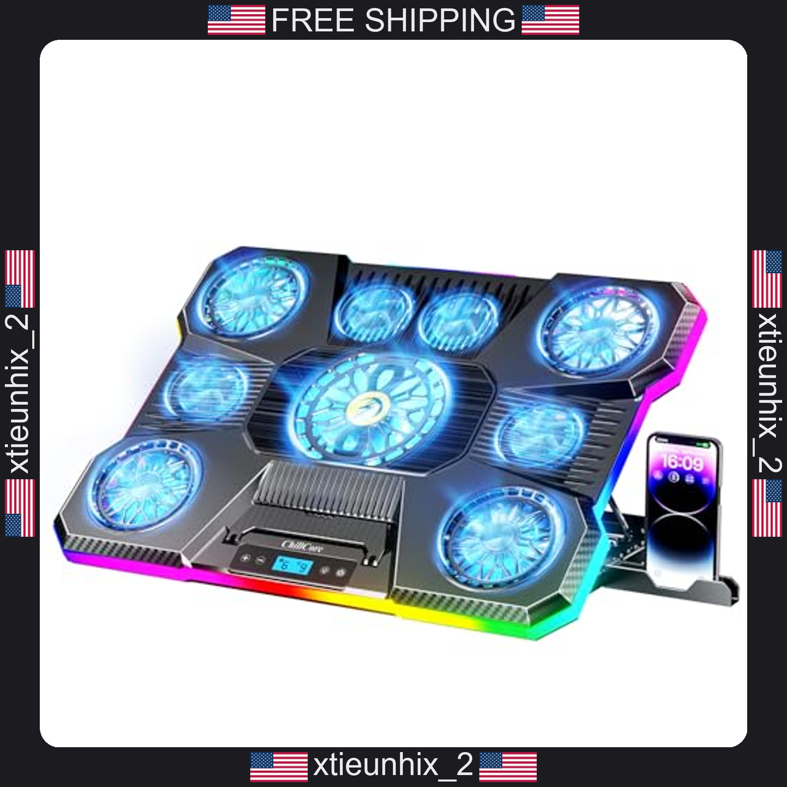 Laptop Cooling Pad with 9 Fans, RGB Lights, 8 Height Levels for 15.6-19.3 Inch