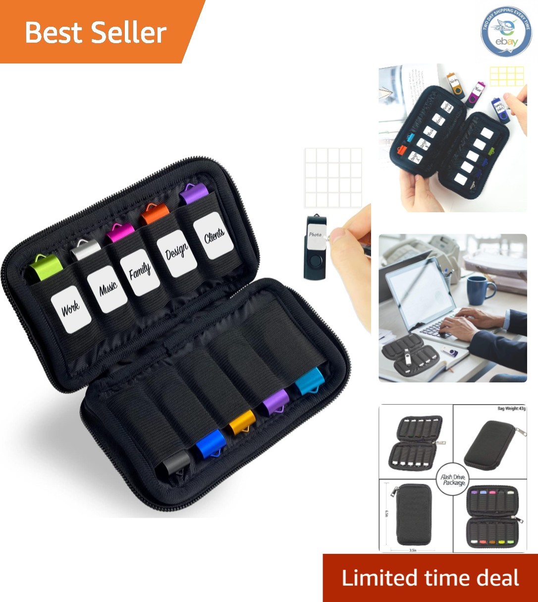 Neoprene USB Flash Drive Organizer - 10 Slots for Stylish Workspace Management