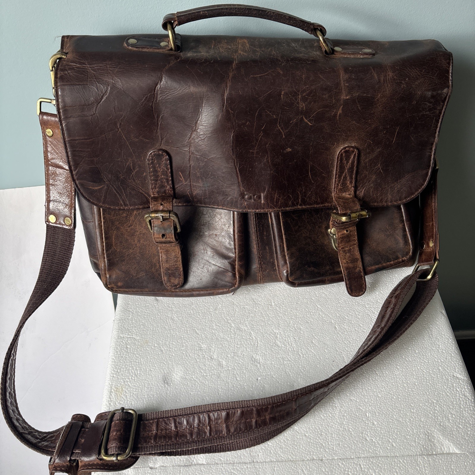 Brown Leather Briefcase for 15" Laptop, Padded, Partitions, Shoulder Strap