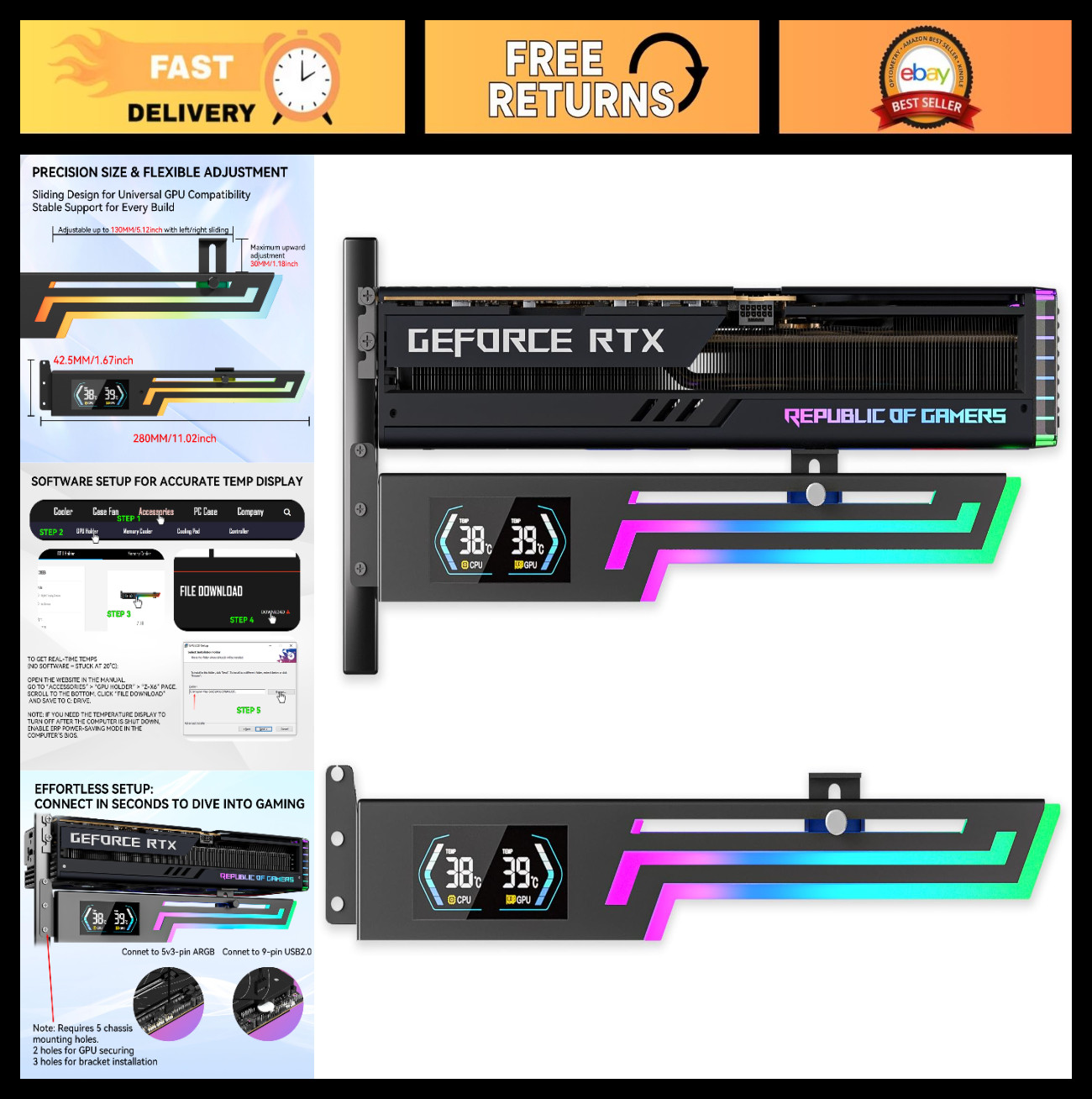 Adjustable GPU Support Bracket with Temp Display & RGB Strip - Universal Graphic