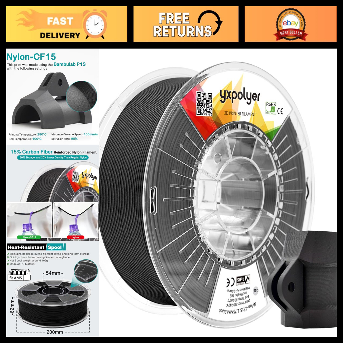 High-Performance Carbon Fiber Nylon 3D Printer Filament 1.75mm 1kg PA6-CF Spool
