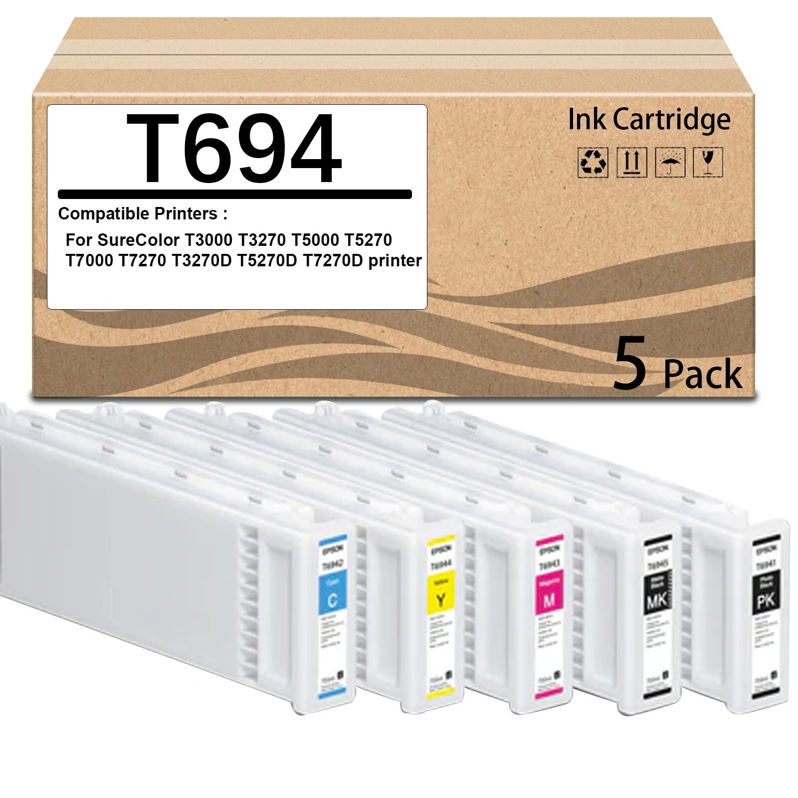 5 Pack T694 700ML Ink Cartridge T6941 T6942 T6943 T6944 T6945 (T694100-T694500)