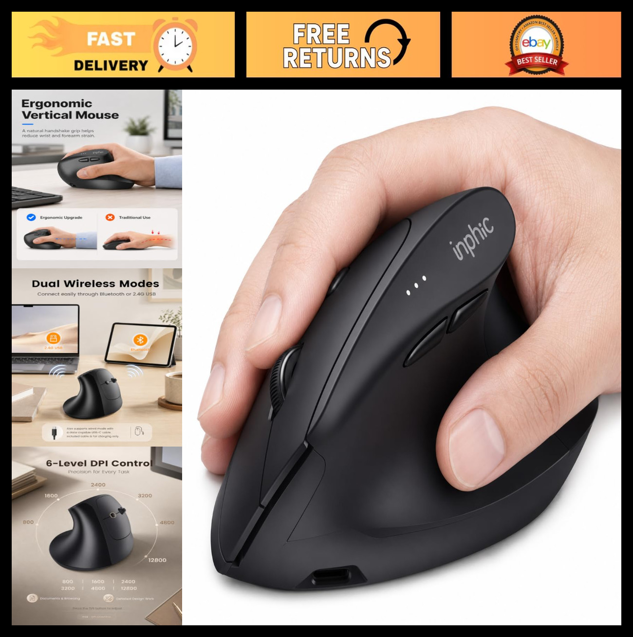 Ergonomic Wireless Vertical Mouse 12800 DPI Rechargeable, Comfort Grip, Precisio