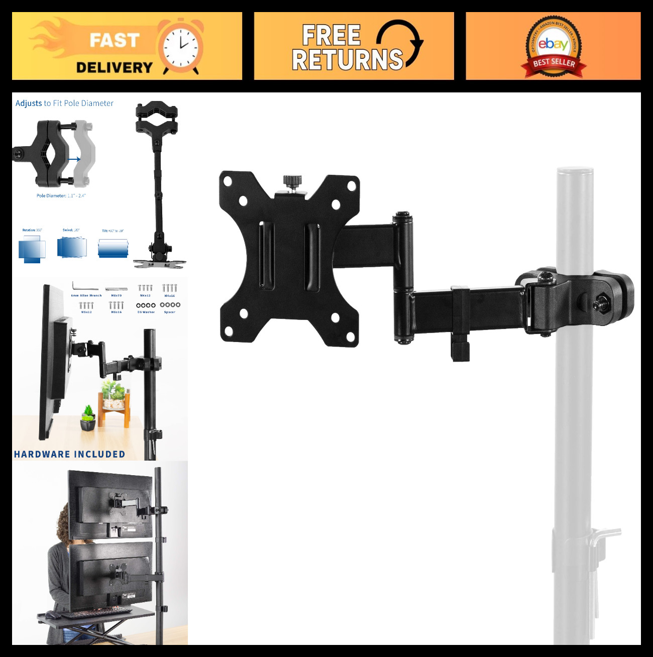 Adjustable Black Pole Mount Monitor Arm for 17-32" Screens, Ergonomic Desk Stand
