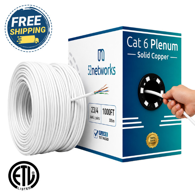 52Networks 1000FT Cat6 Plenum Solid Copper UTP Cable White - ETL Listed