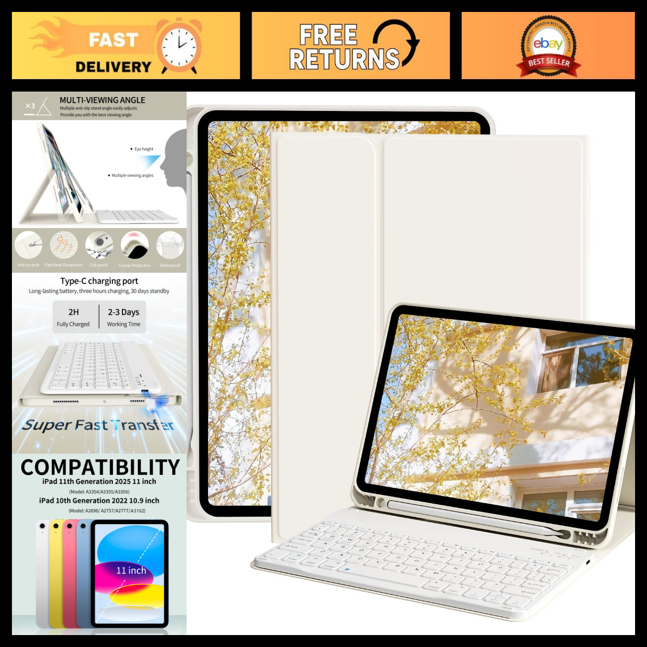 iPad 11/10.9" Case with Keyboard, A16 Generation, Slim White Cream Cover