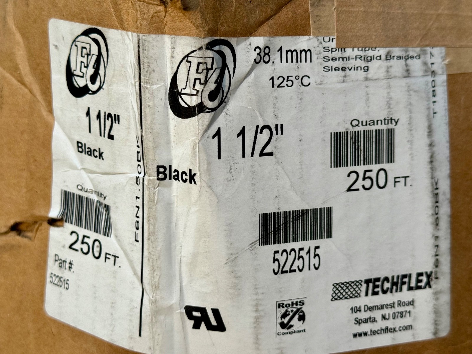 Techflex F6 Woven Braided Sleeving Cable Wrapping  1-1/2” 250’ Length Black.