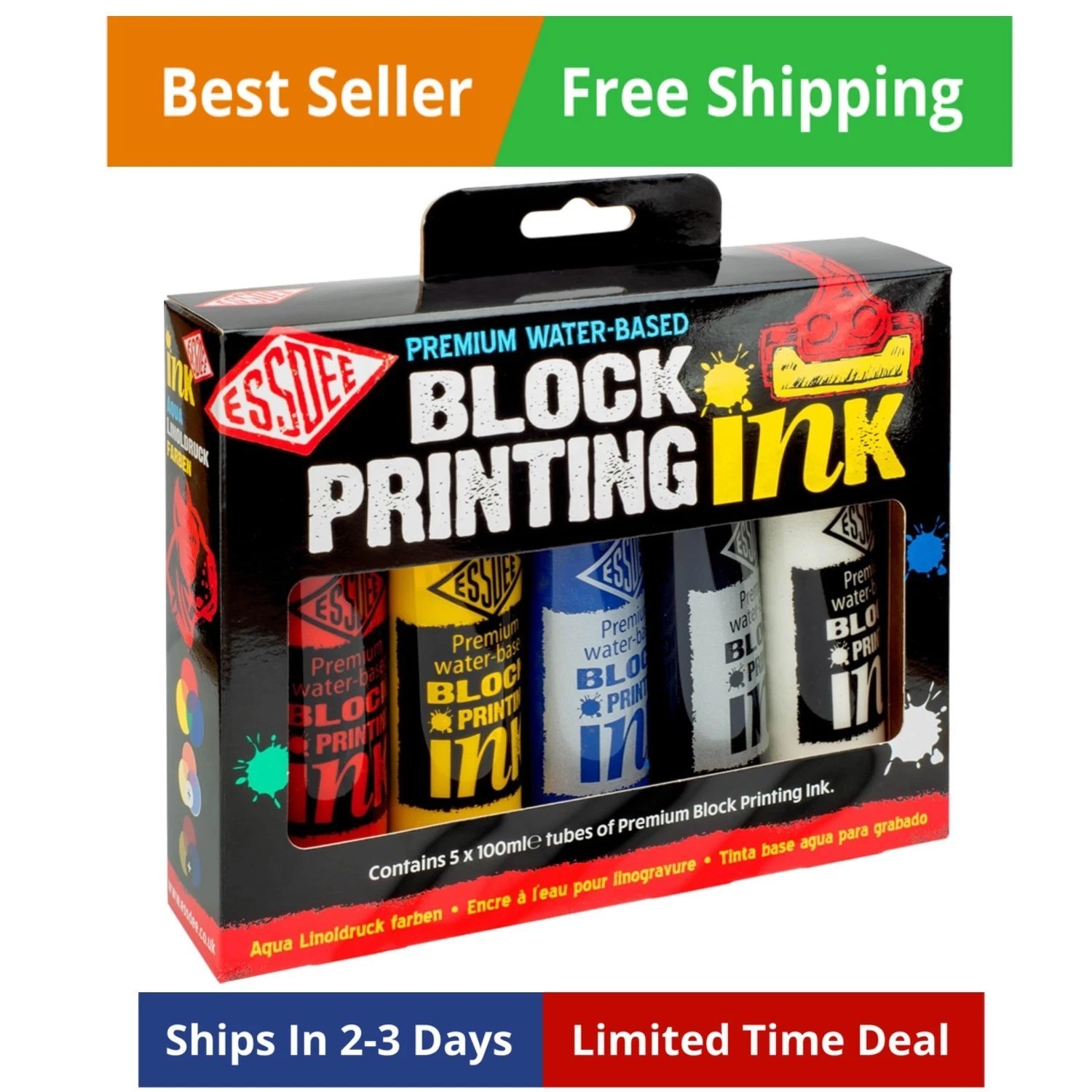 Quality Block Printing Ink Pack of 5 Primary Colours,19 x 18 x 4 cm