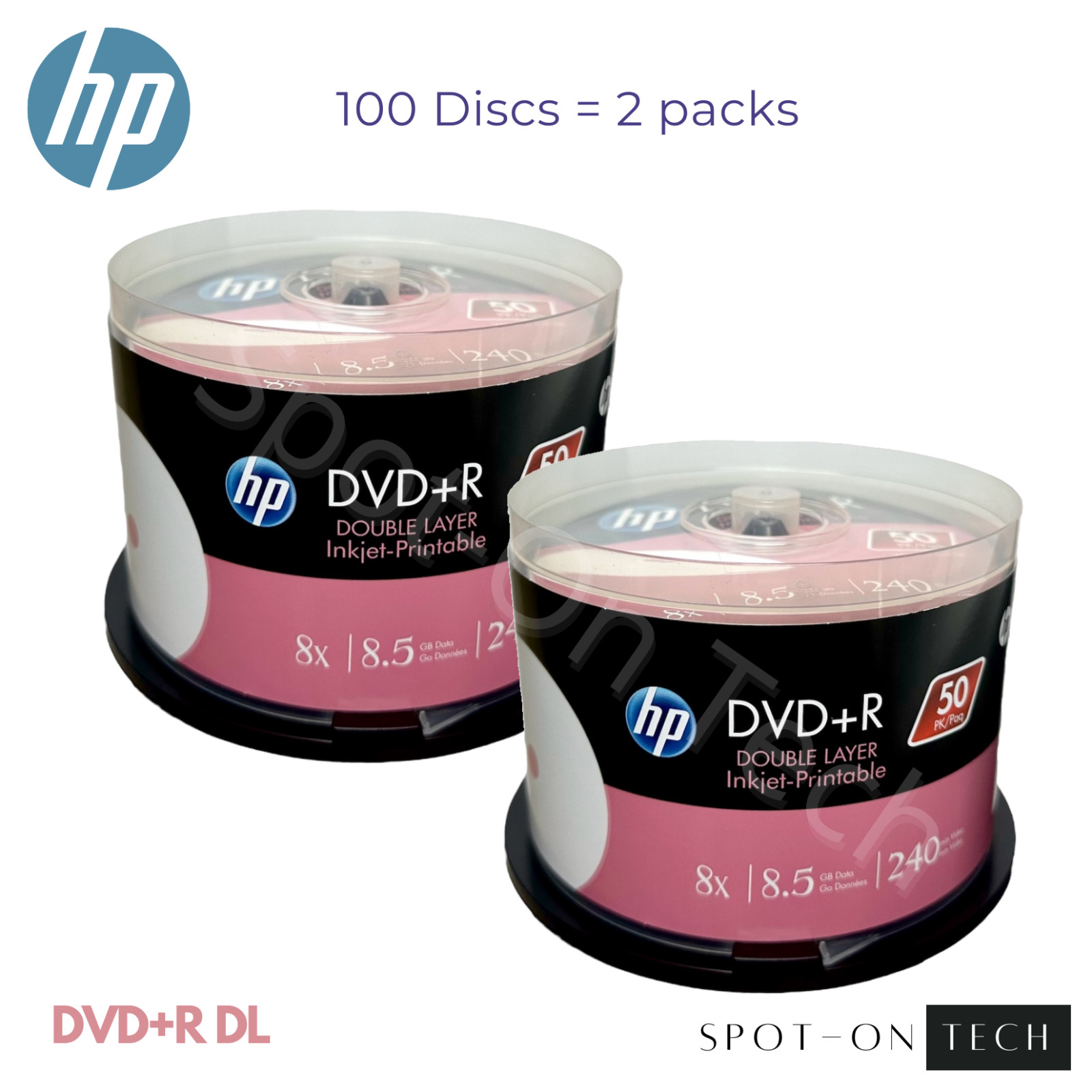 100 HP DVD DVD+R DL 8x Dual Double Layer White Inkjet Printable 8.5GB 240Min